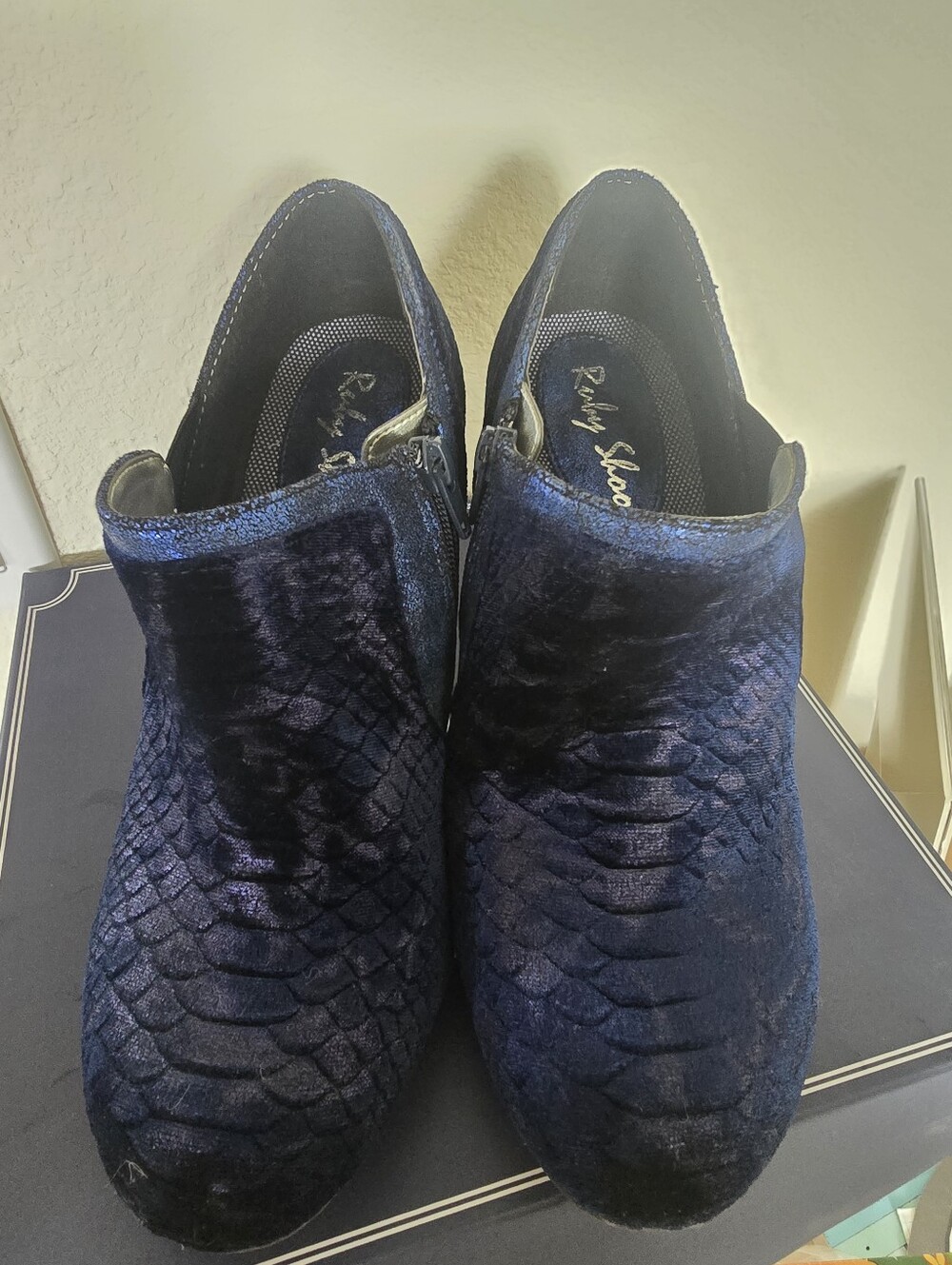 RUBY SHOO Velvet Slip-On Booties in Navy Blue